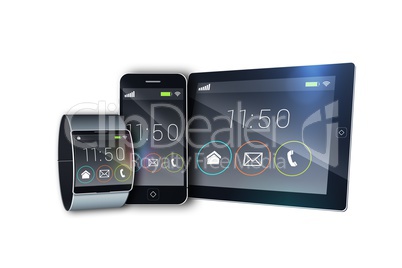 Futuristic black wrist watch with tablet and smartphone