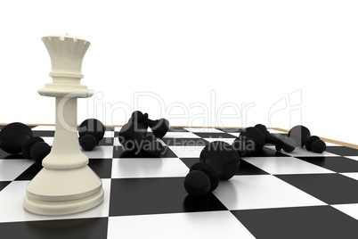 White queen standing with fallen black pawns