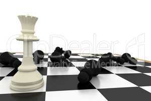 White queen standing with fallen black pawns