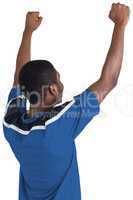 Cheering football fan in blue jersey