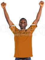 Cheering football fan in orange jersey