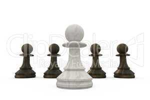 White pawn standing in front of black pawns