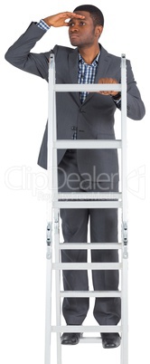 Businessman standing on ladder looking Businessman standing on ladder looking