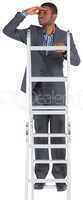 Businessman standing on ladder looking