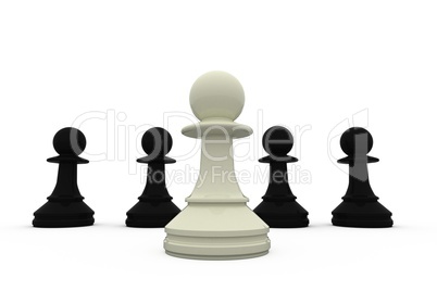 White chess pawn standing with black pieces