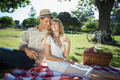 Cute couple drinking white wine on a picnic smiling at each othe