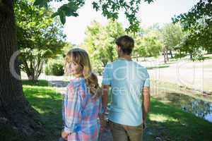 Cute affectionate couple walking hand in hand in the park