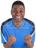 Cheering football fan in blue jersey