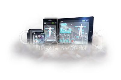 Futuristic black wrist watch with tablet and smartphone on cloud