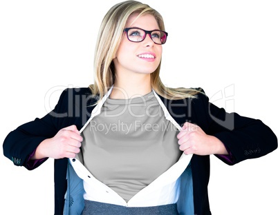 Businesswoman opening shirt in superhero style