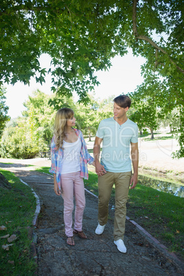 Cute affectionate couple walking hand in hand in the park