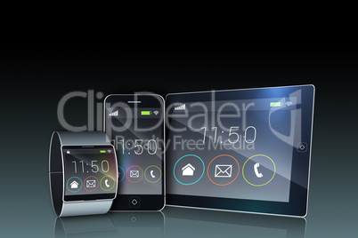 Smartphone tablet pc and futuristic wristwatch