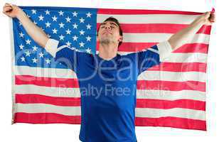 American soccer fan holding flag