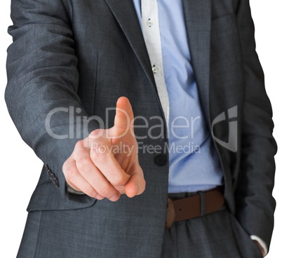 Businessman in grey suit pointing