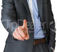 Businessman in grey suit pointing