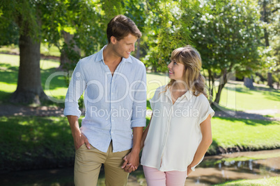 Cute couple walking hand in hand in the park