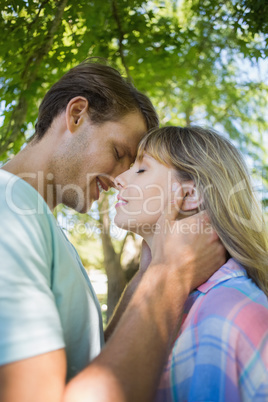 Cute smiling couple hugging in the park