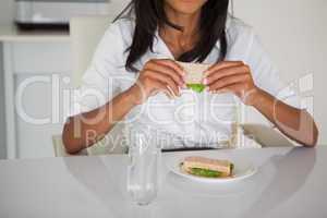 Pretty businesswoman eating a sandwich at her desk