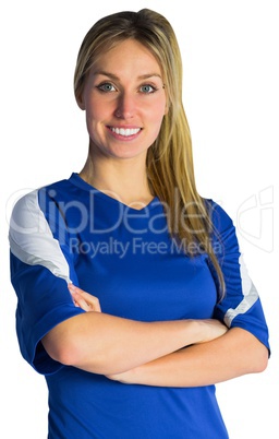 Pretty football fan in blue jersey