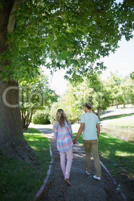 Cute couple walking hand in hand in the park