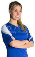 Pretty football fan in blue jersey