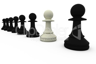 White chess pawn standing with black pieces