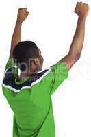 Cheering football fan in green jersey