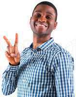 Happy businessman making peace sign