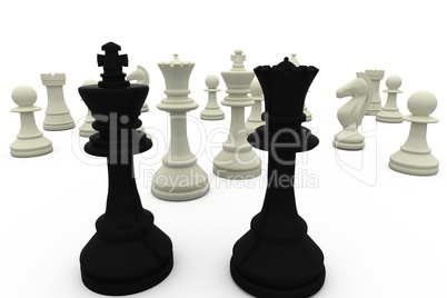 Black king and queen facing white pieces