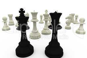 Black king and queen facing white pieces