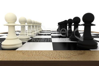 White and pawns facing off on board