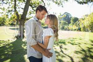 Smiling couple standing and embracing in park