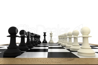 White and black pawns facing off with king and queen