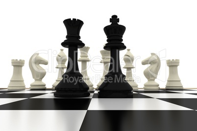 Black king and queen standing in front of white pieces