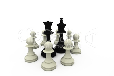 Black king and queen surrounded by white pieces