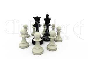 Black king and queen surrounded by white pieces