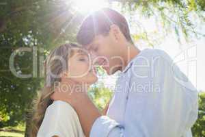 Cute couple hugging and smiling in the park