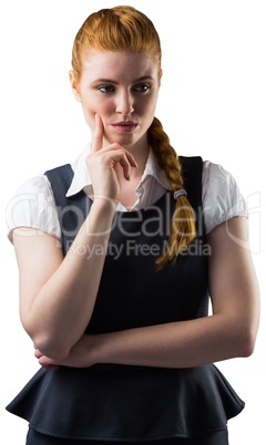 Thinking pretty redhead businesswoman with finger on face