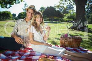 Cute couple drinking white wine on a picnic smiling at camera