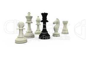 Black queen standing with white pieces