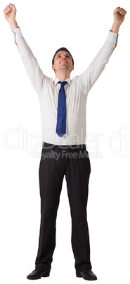 Businessman cheering with hands raised