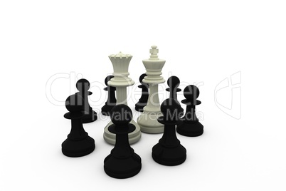 White king and queen surrounded by black pieces