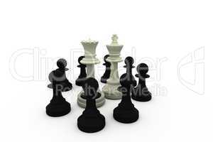 White king and queen surrounded by black pieces