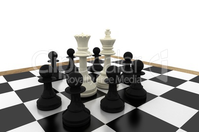 White king and queen surrounded by black pawns