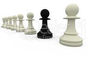 Black chess pawn standing with white pieces