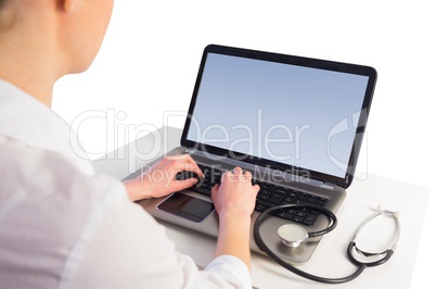 Businesswoman running computer diagnostics