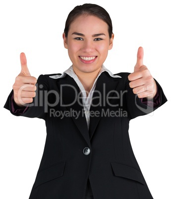 Happy businesswoman showing thumbs up