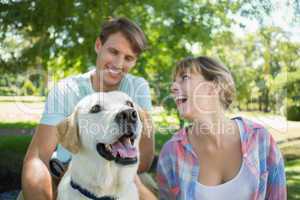 Happy couple sitting with their labrador in the park