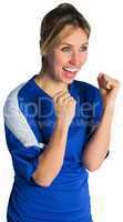 Cheering football fan in blue jersey