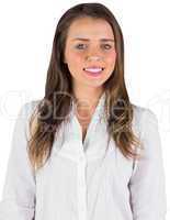 Smiling young woman in white shirt
